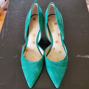 Green suede high heels